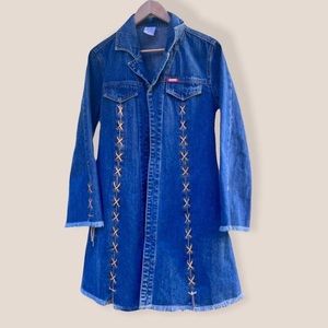Vintage Ethyl 90s Y2K Long Denim Jacket with lace up details